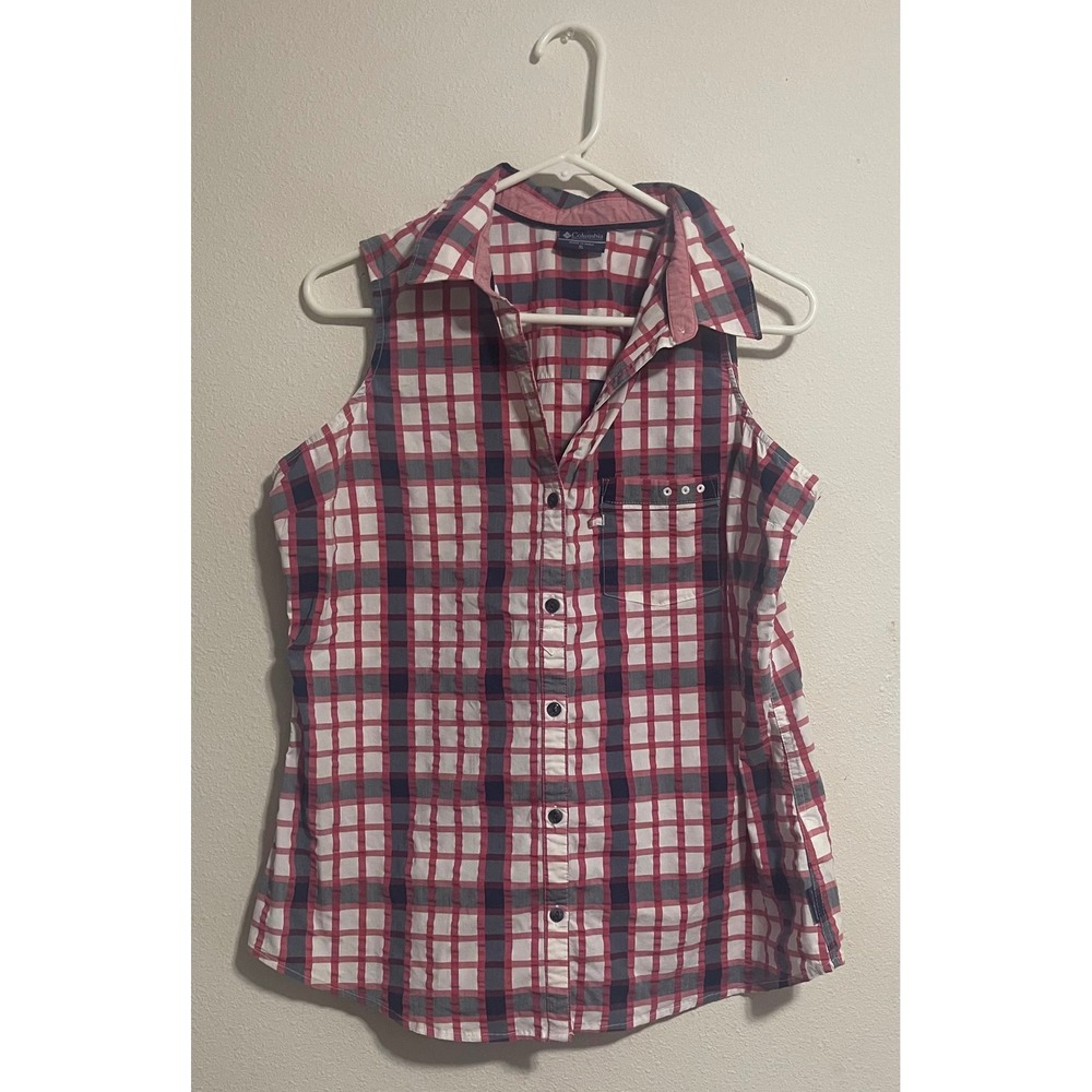 Columbia PFG Womens XL Sleeveless Plaid Button Up Shirt Red Navy Performance Top